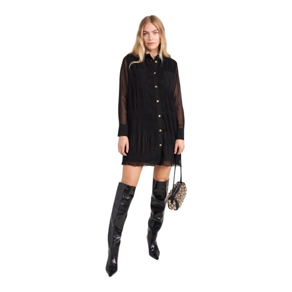 Ganni pleated georgette shirt dress Women's size 38 Black Button Front Luxury